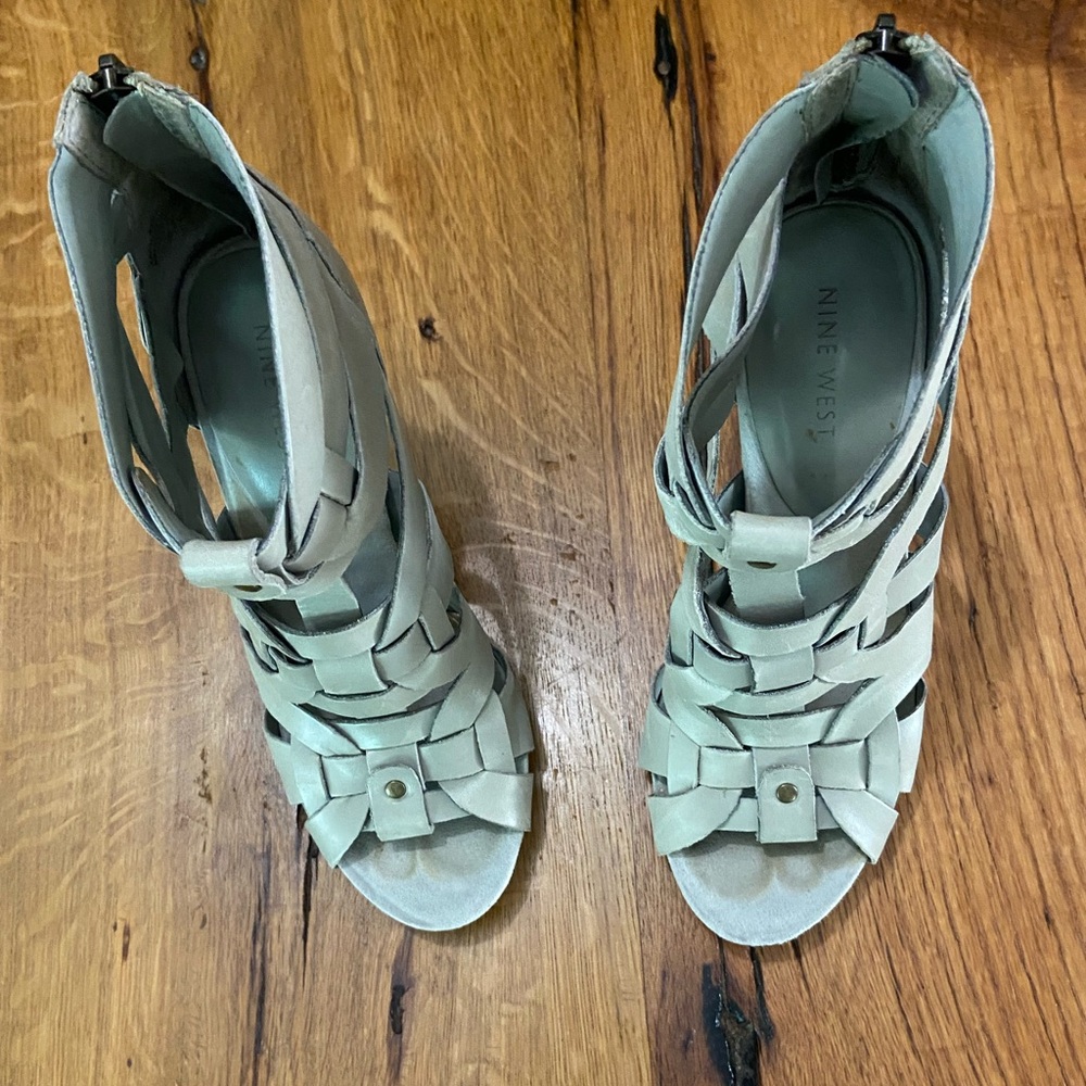 Nine West Aspireo Grey HighHeel Sandals, Zip Back, Woven Details, Size 5.5M